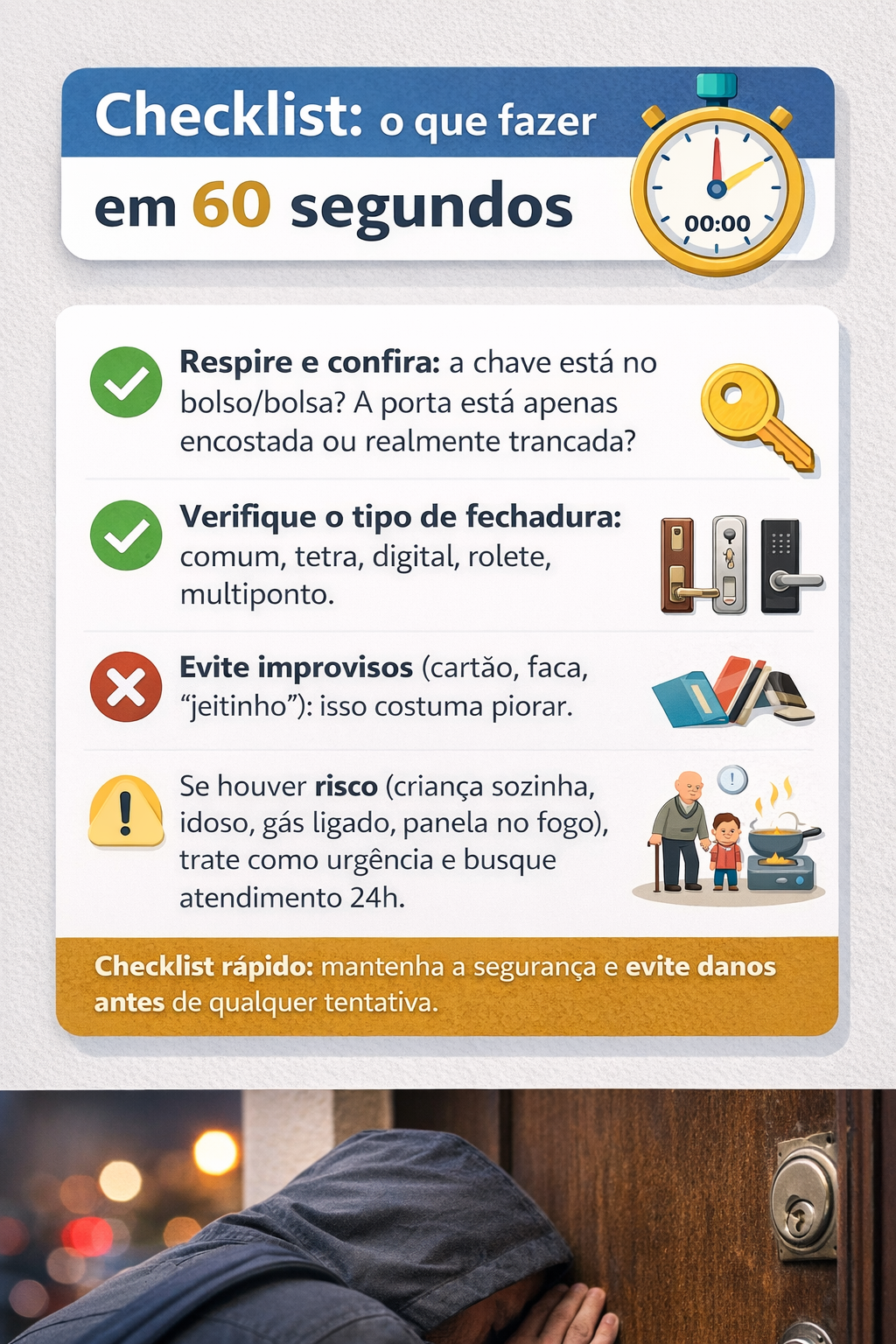 Checklist dos primeiros 60 segundos para porta trancada no Industrial Contagem