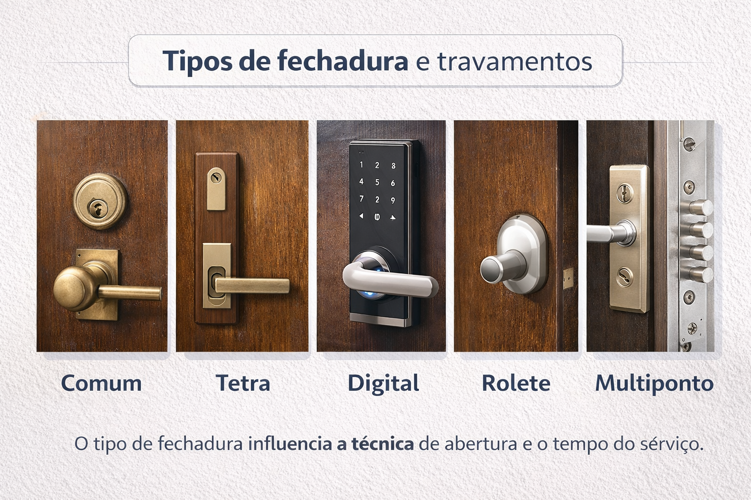 Tipos de fechadura que podem travar: comum, tetra, digital, rolete e multiponto